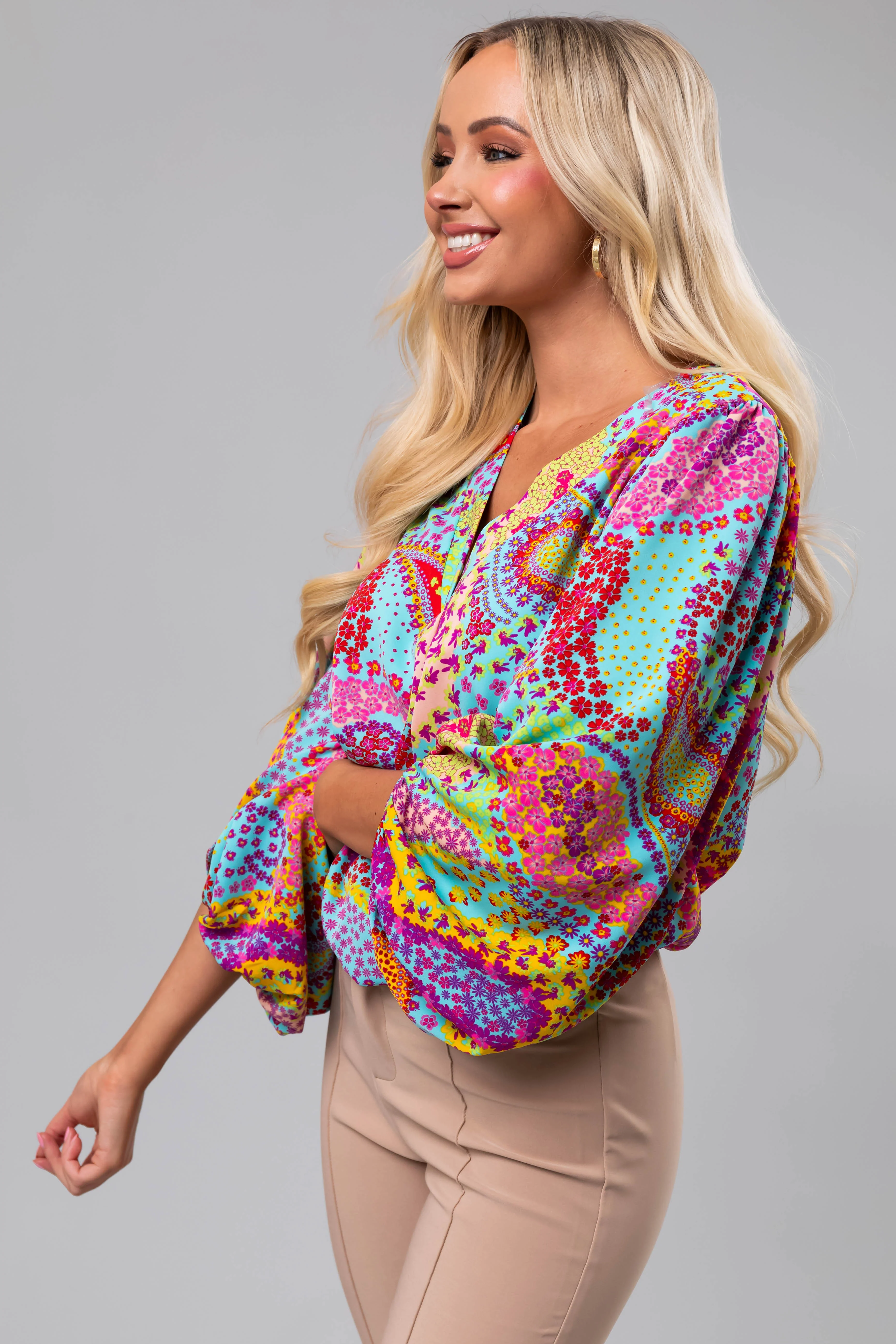 Multicolor Paisley Print Puff Sleeve Blouse - Image 7