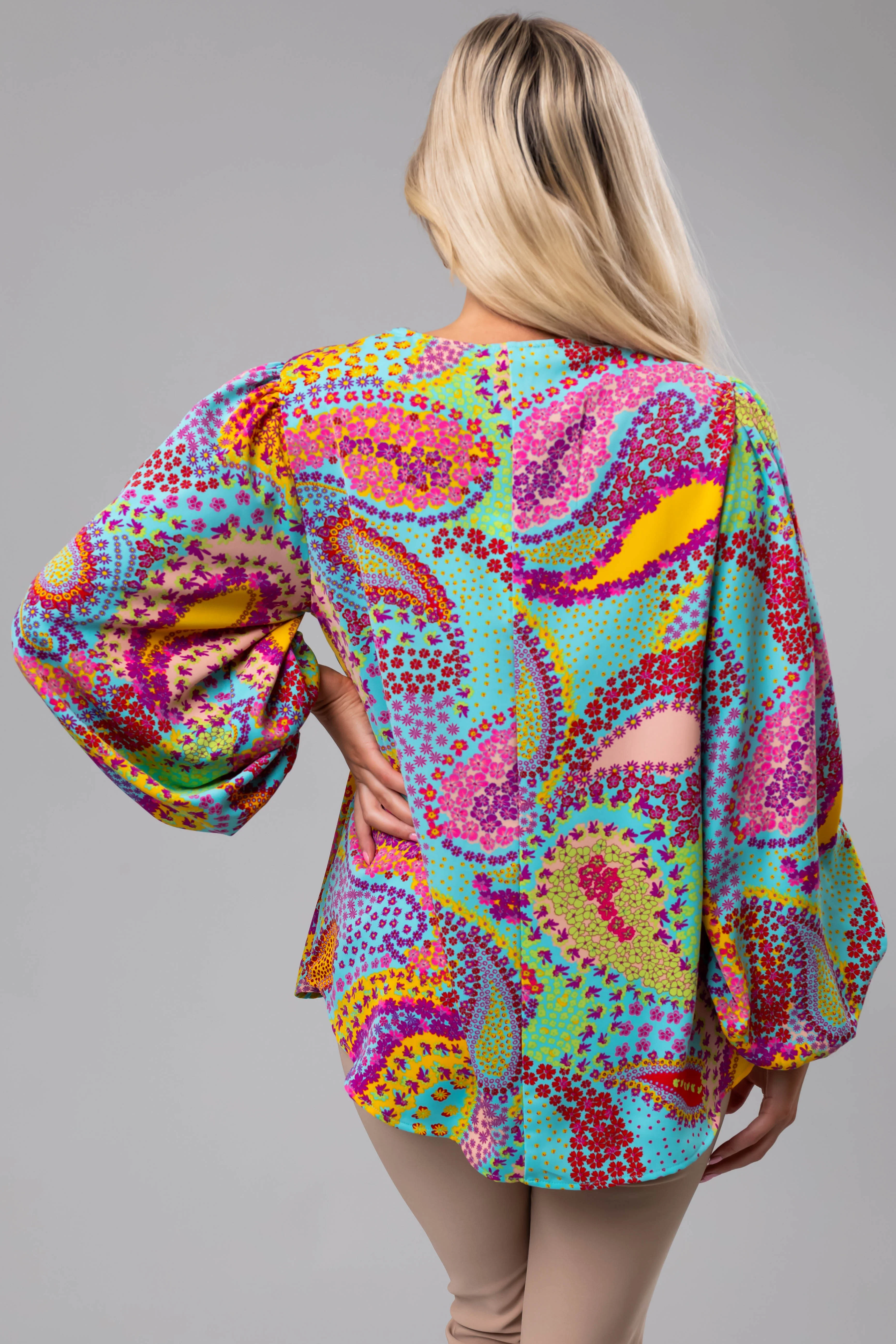 Multicolor Paisley Print Puff Sleeve Blouse - Image 8