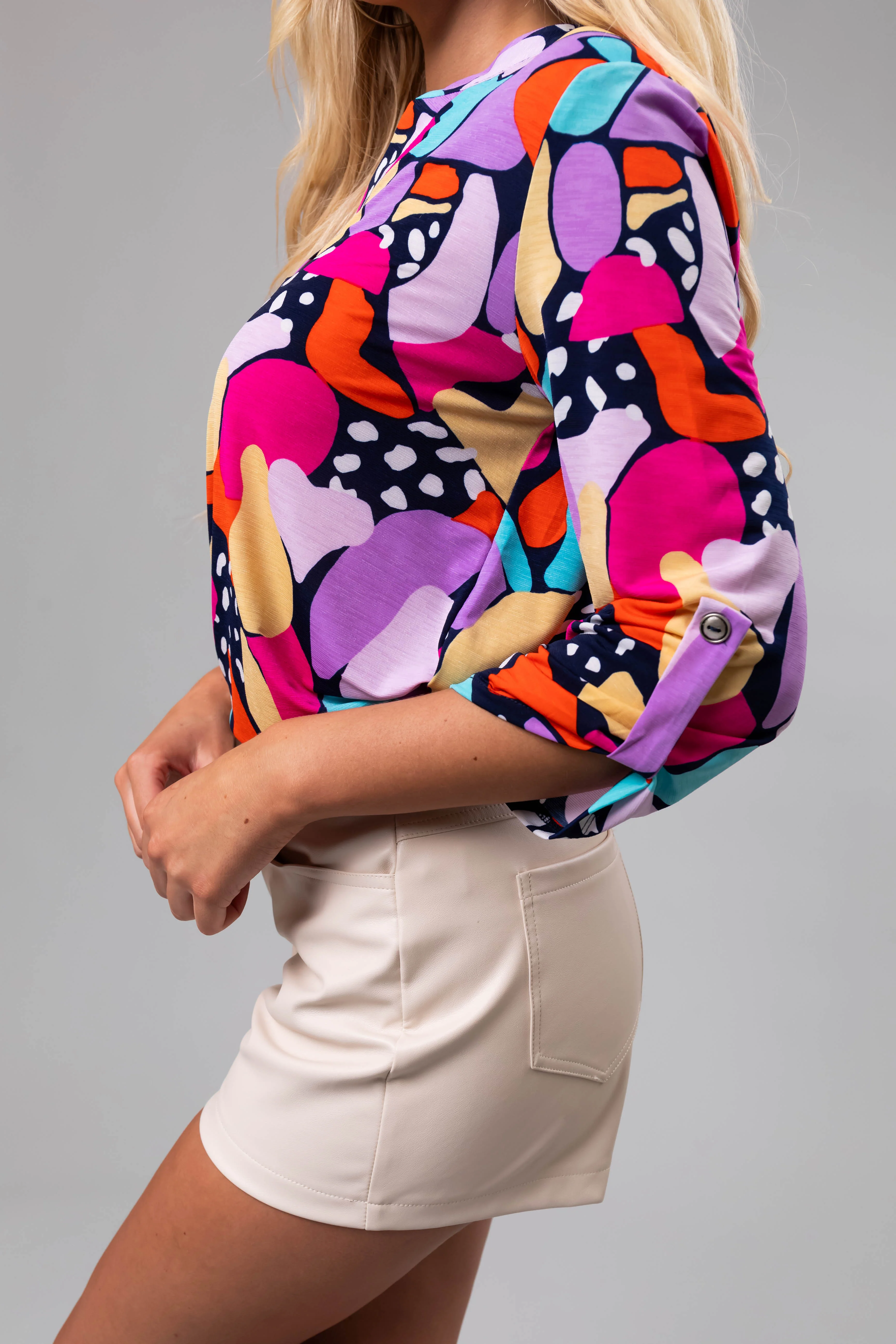 Navy Abstract Print 3/4 Sleeve V-Neck Top - Image 8