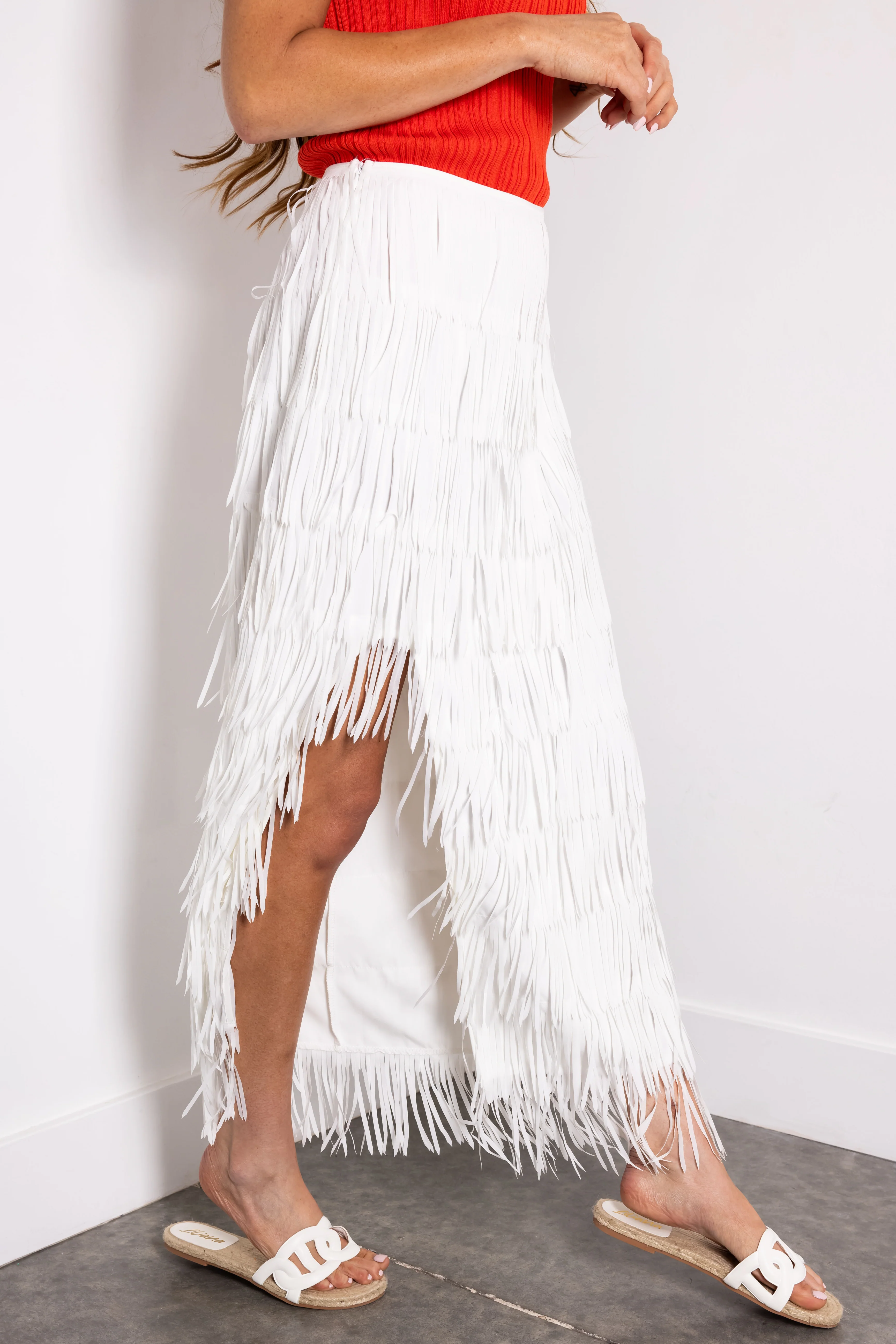 Off White Side Slit Fringe Midi Skirt - Image 3