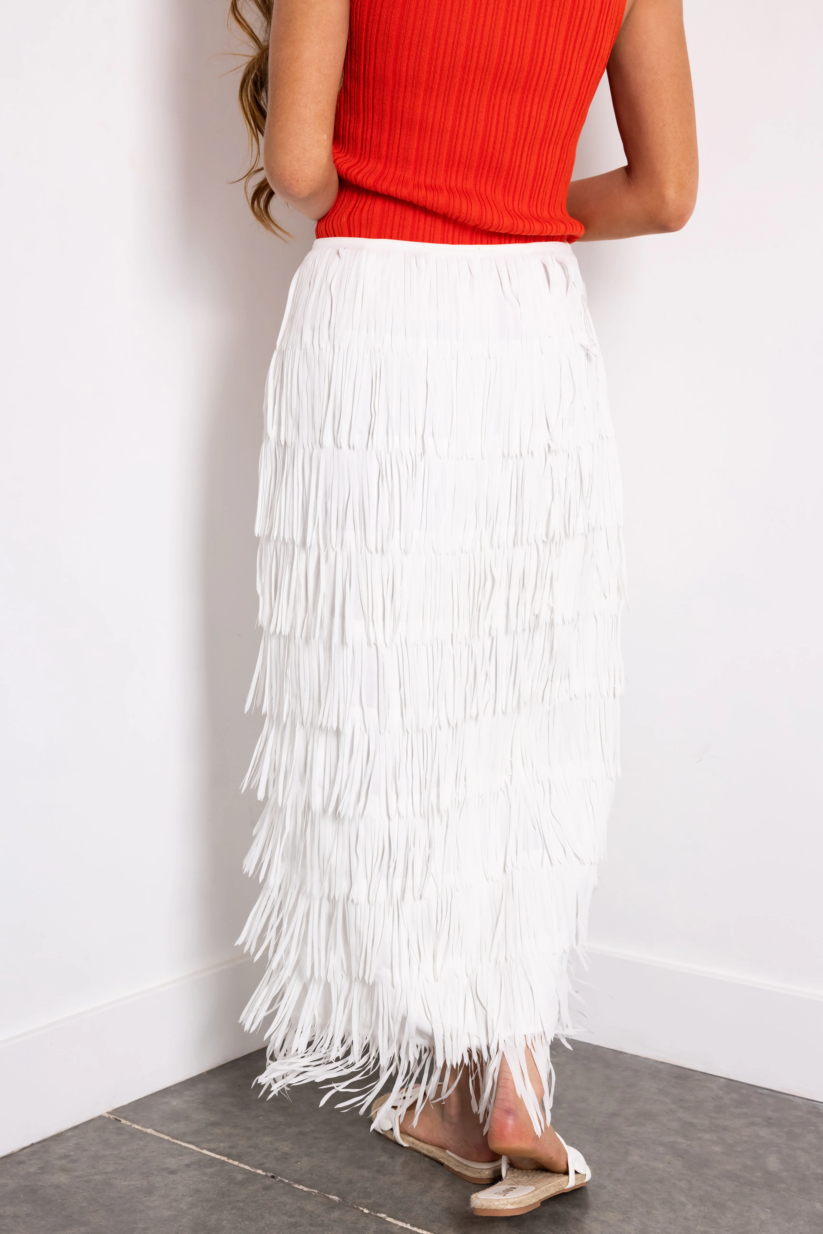 Off White Side Slit Fringe Midi Skirt - Image 4