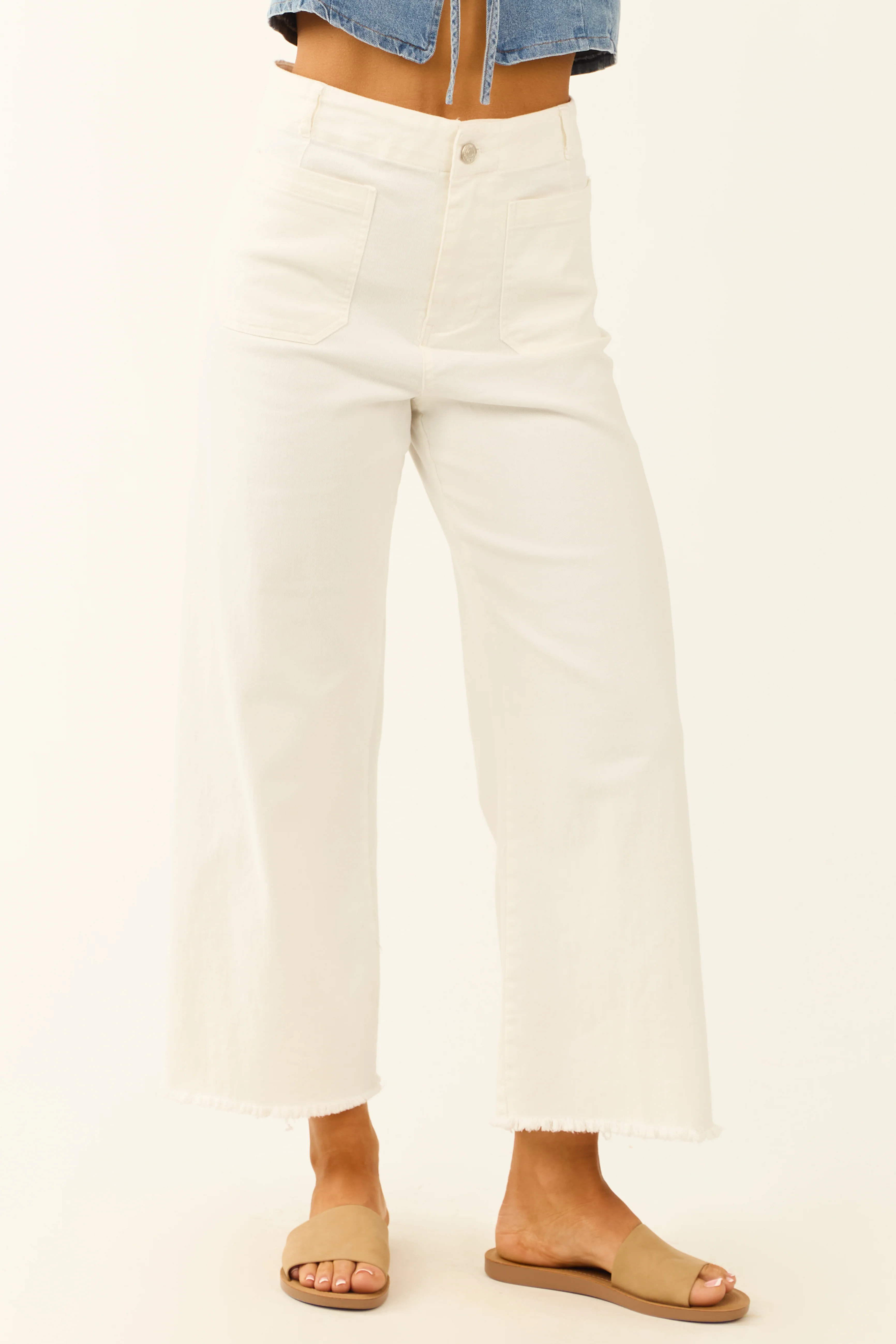 Off White Stretchy Denim Straight Patch Pocket Jeans - Image 4