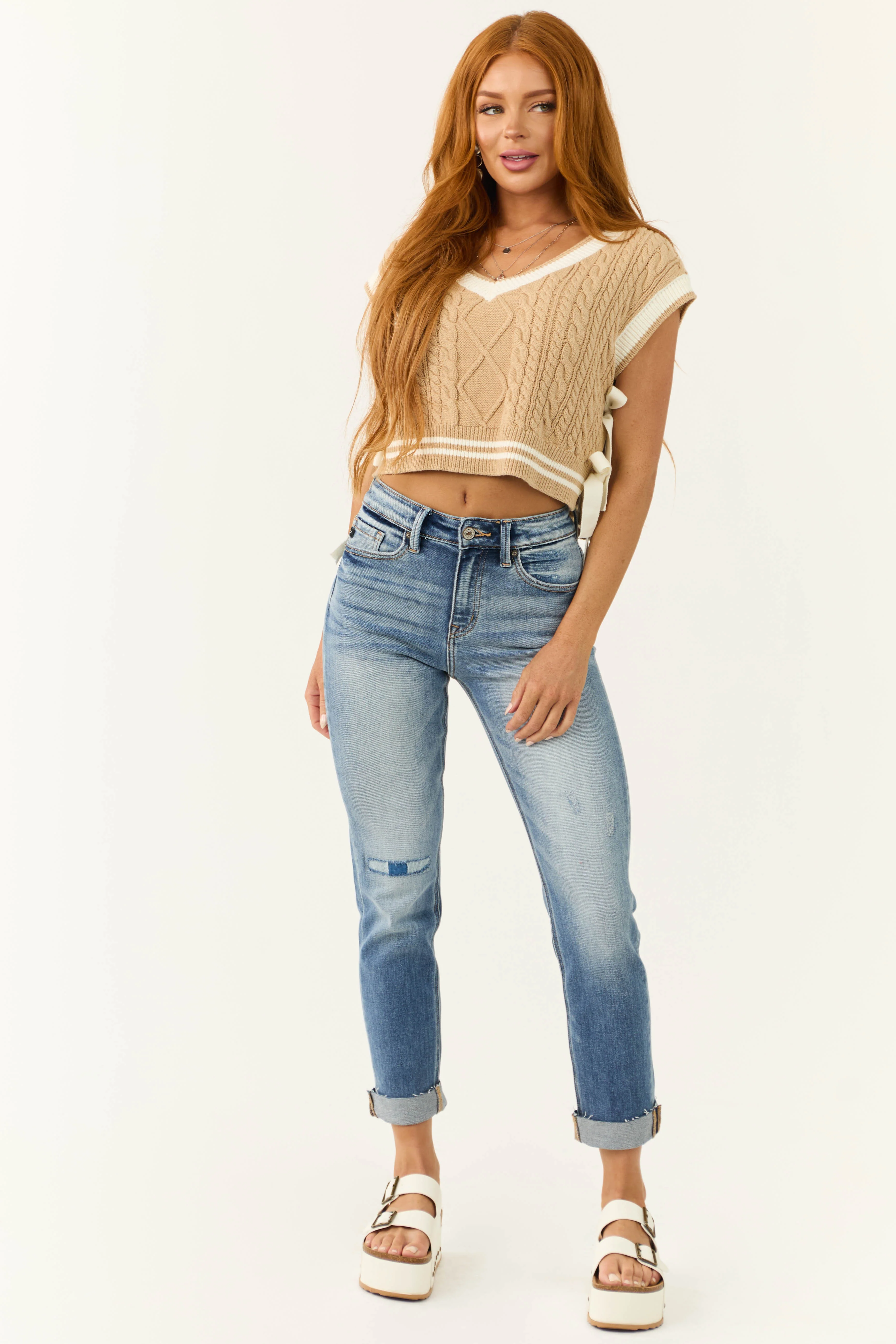 Peanut and Cream V Neck Side Tie Sweater Vest - Image 4