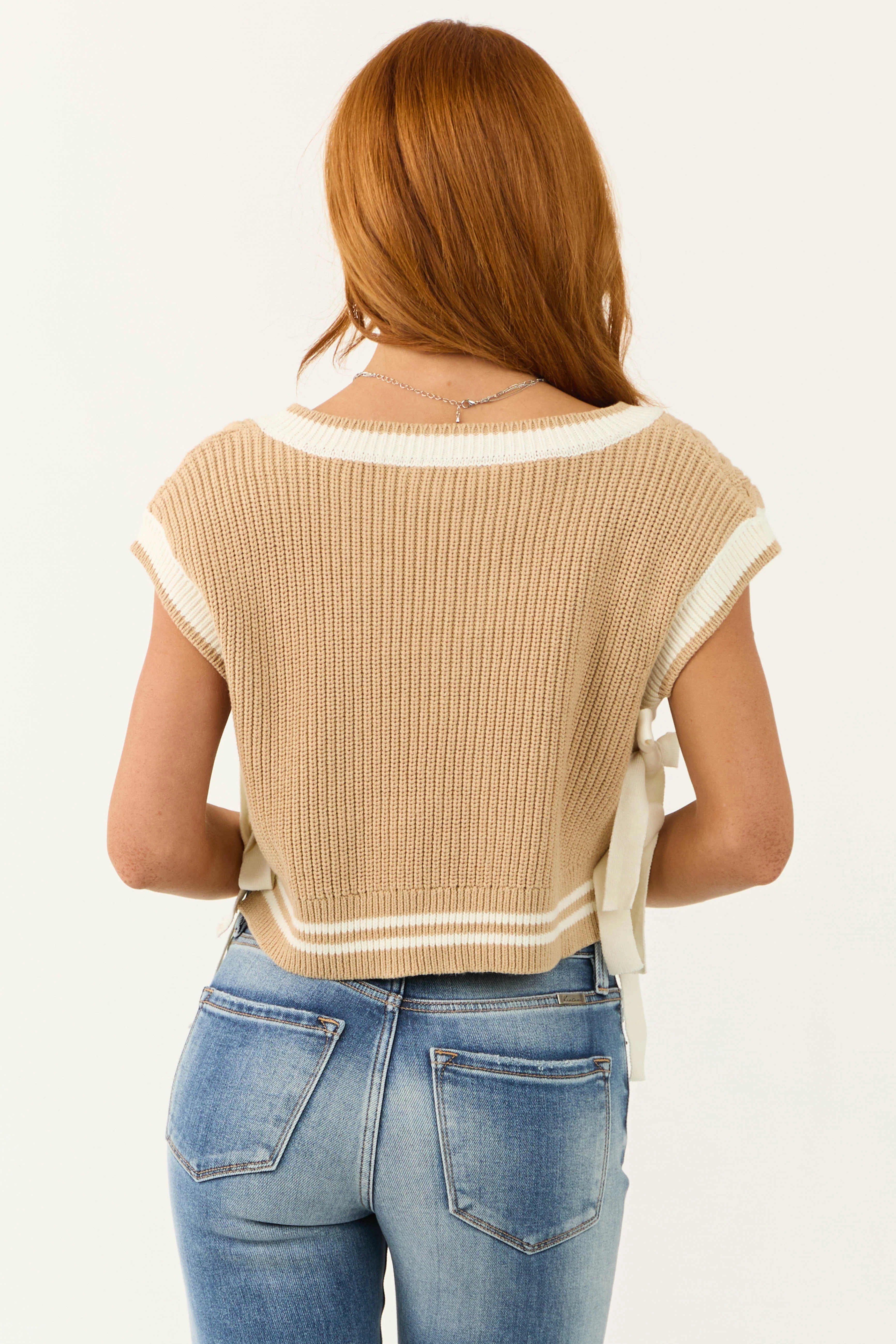 Peanut and Cream V Neck Side Tie Sweater Vest - Image 6