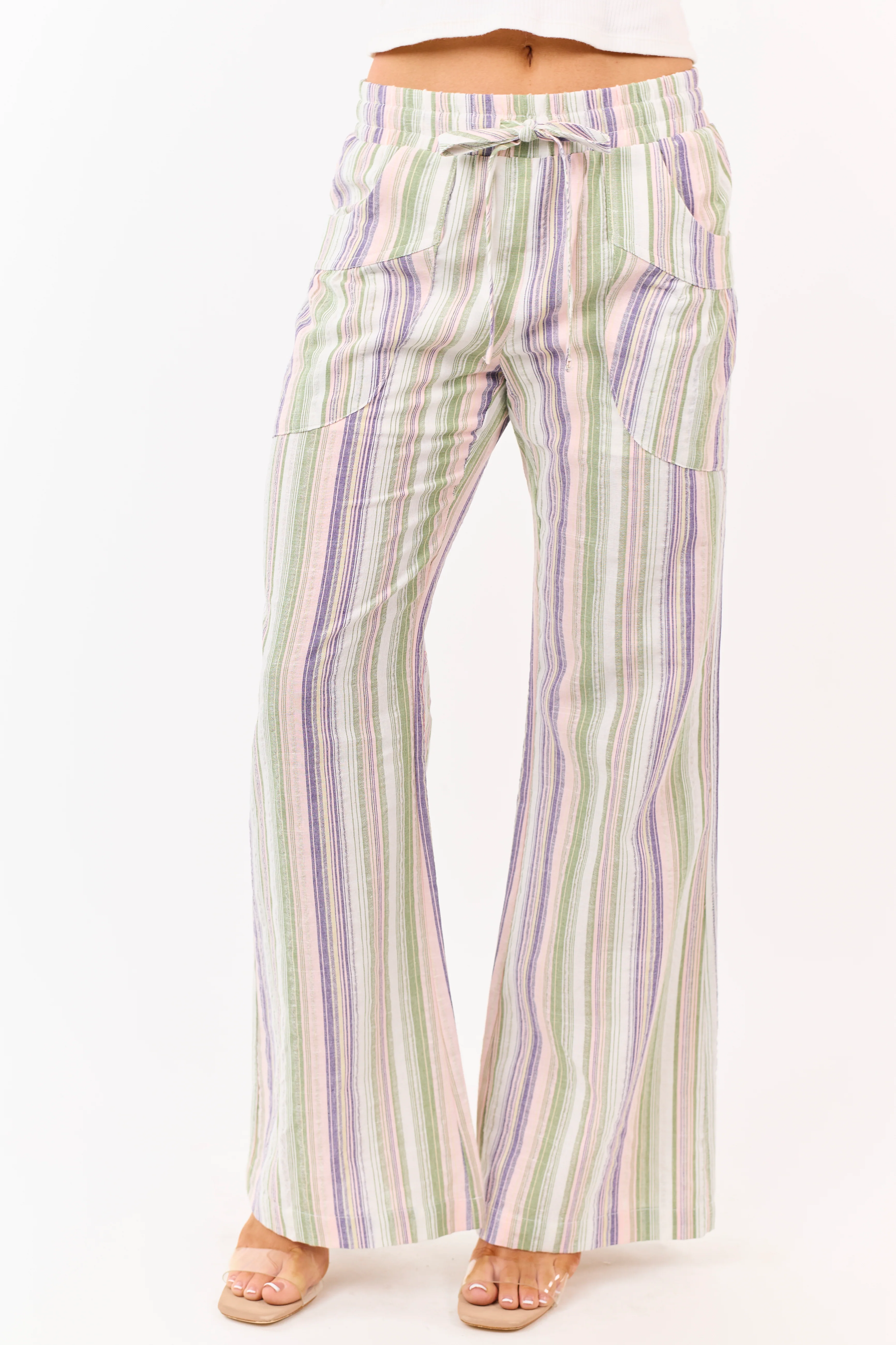 Pistachio Cotton Striped Elastic Waist Wide Leg Pants - Image 3