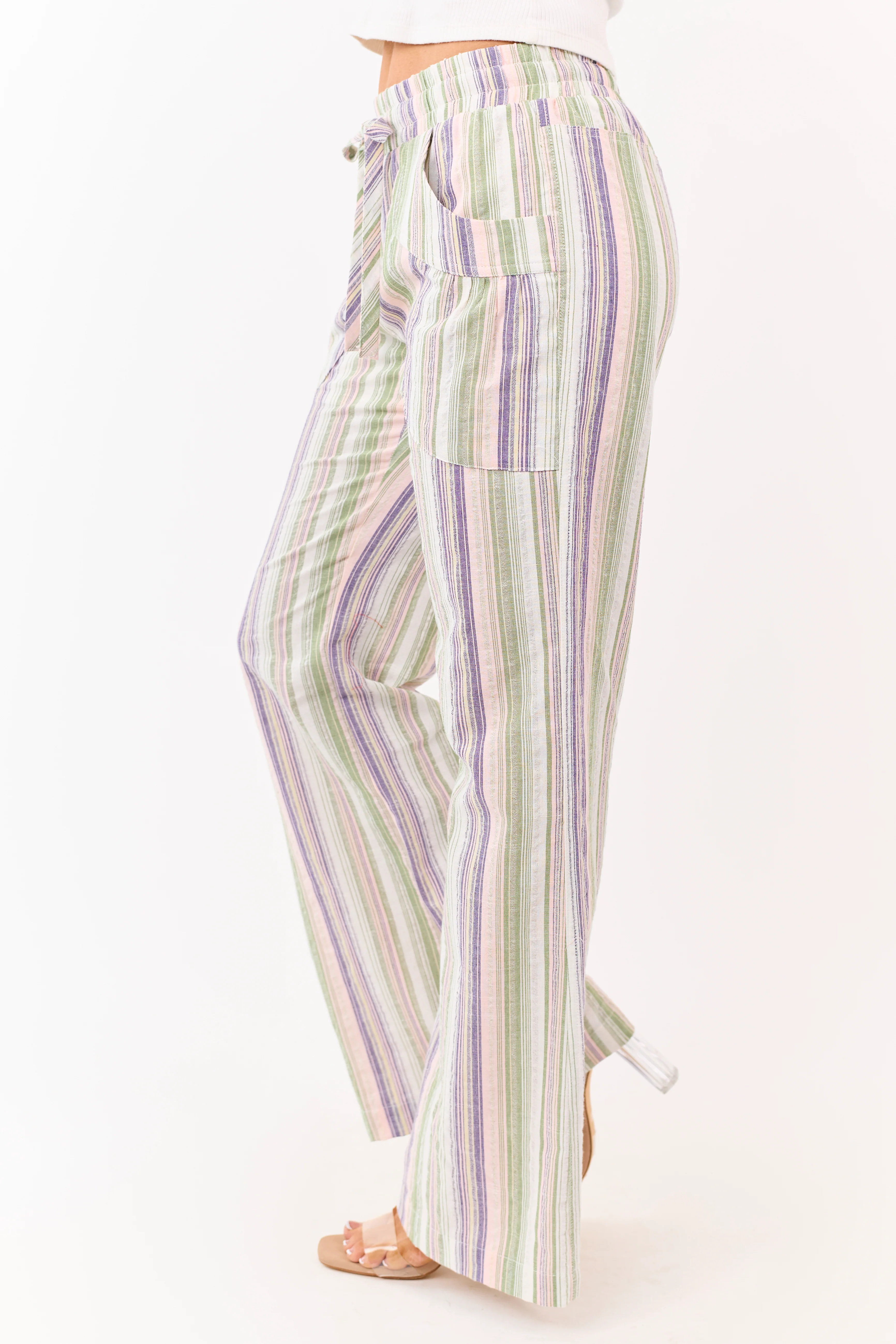 Pistachio Cotton Striped Elastic Waist Wide Leg Pants - Image 4