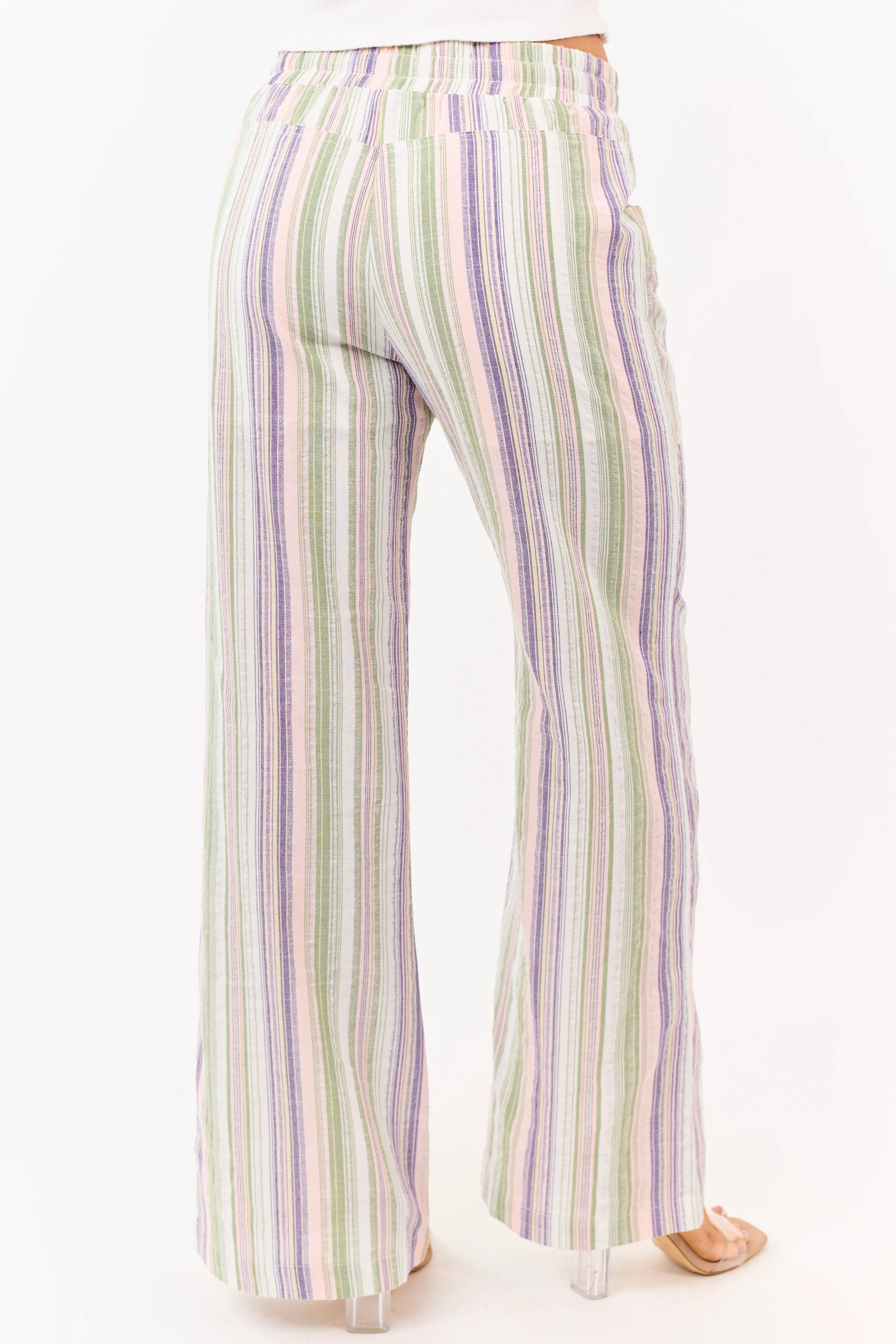 Pistachio Cotton Striped Elastic Waist Wide Leg Pants - Image 5