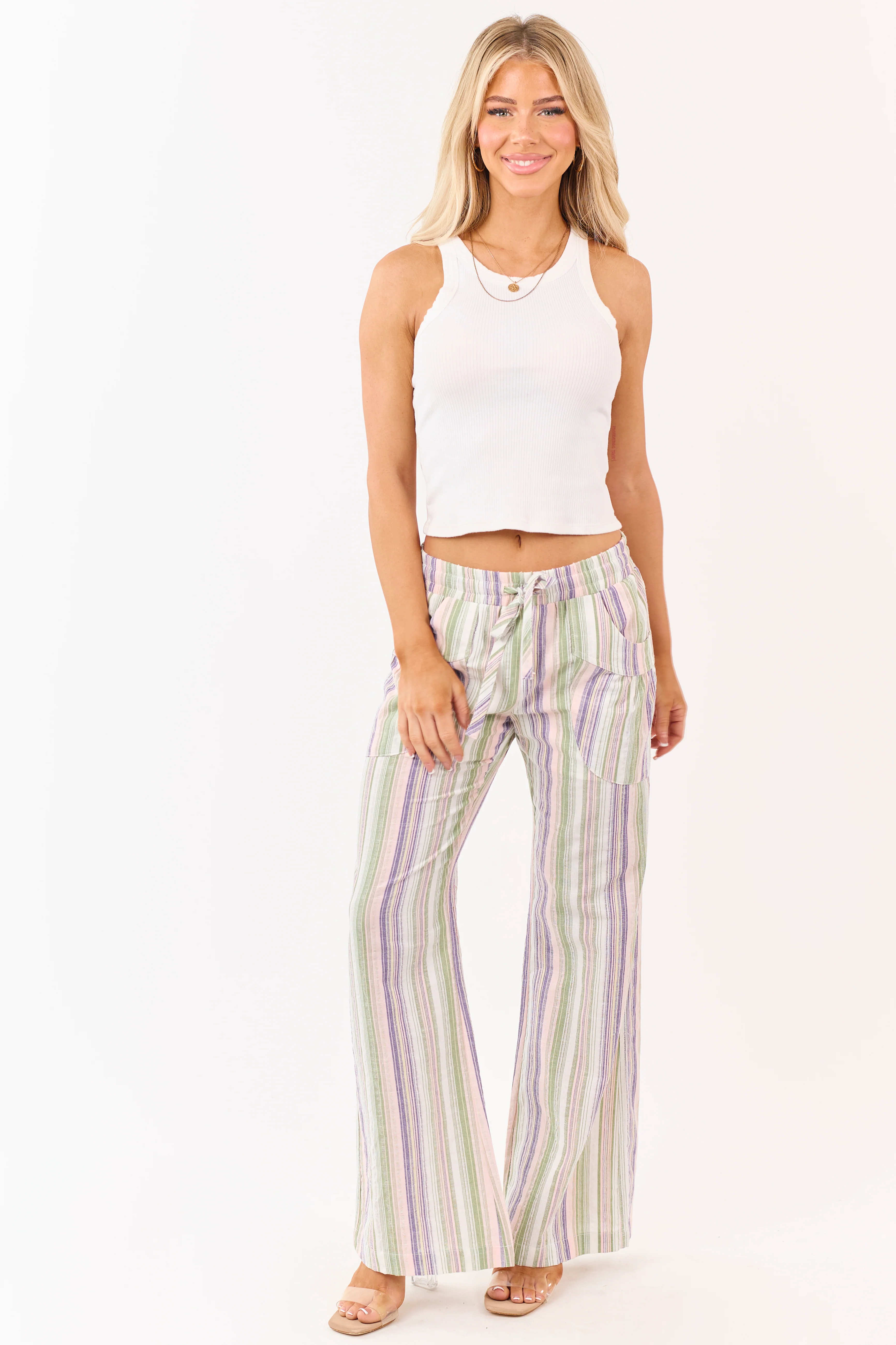 Pistachio Cotton Striped Elastic Waist Wide Leg Pants - Image 6