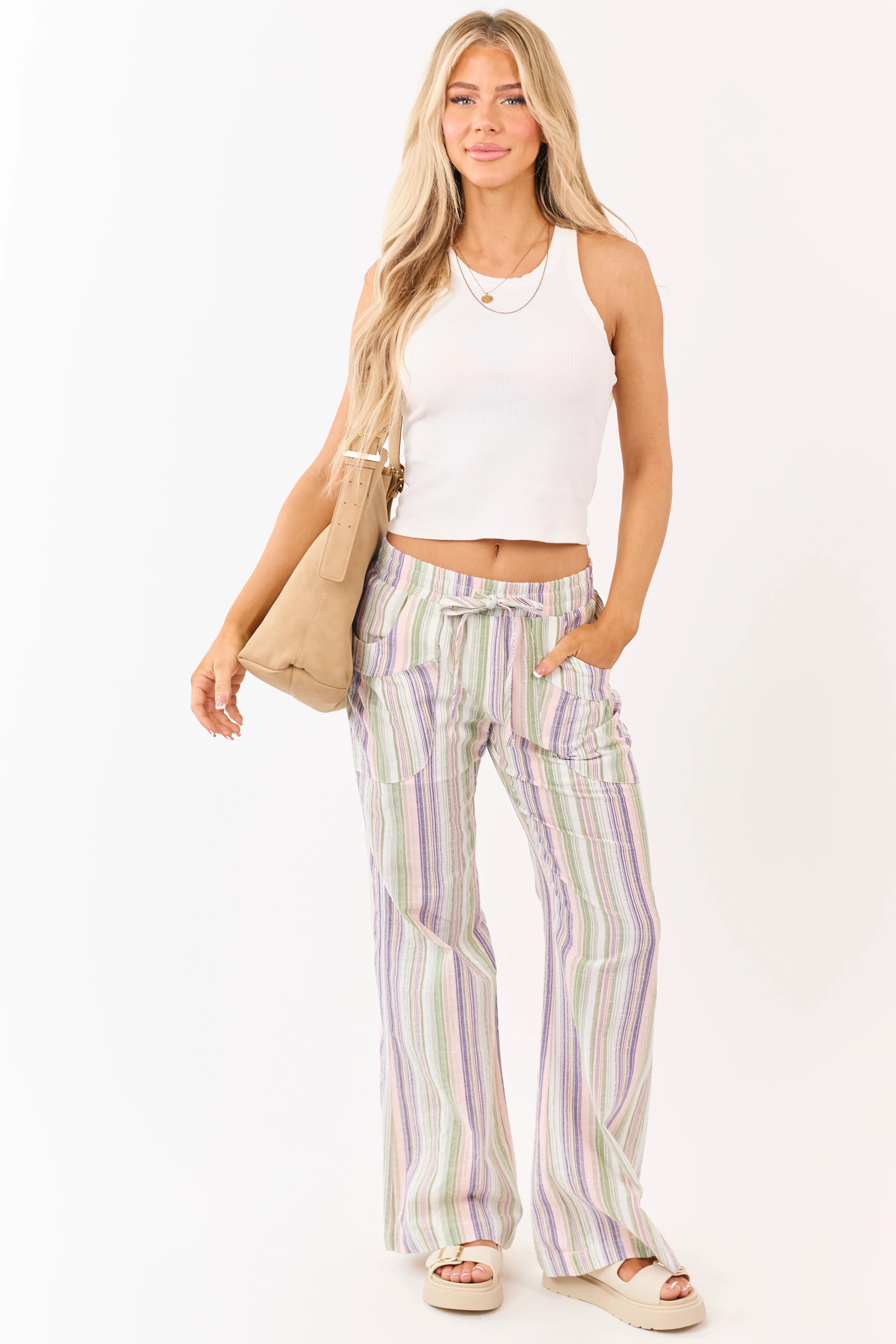 Pistachio Cotton Striped Elastic Waist Wide Leg Pants - Image 7