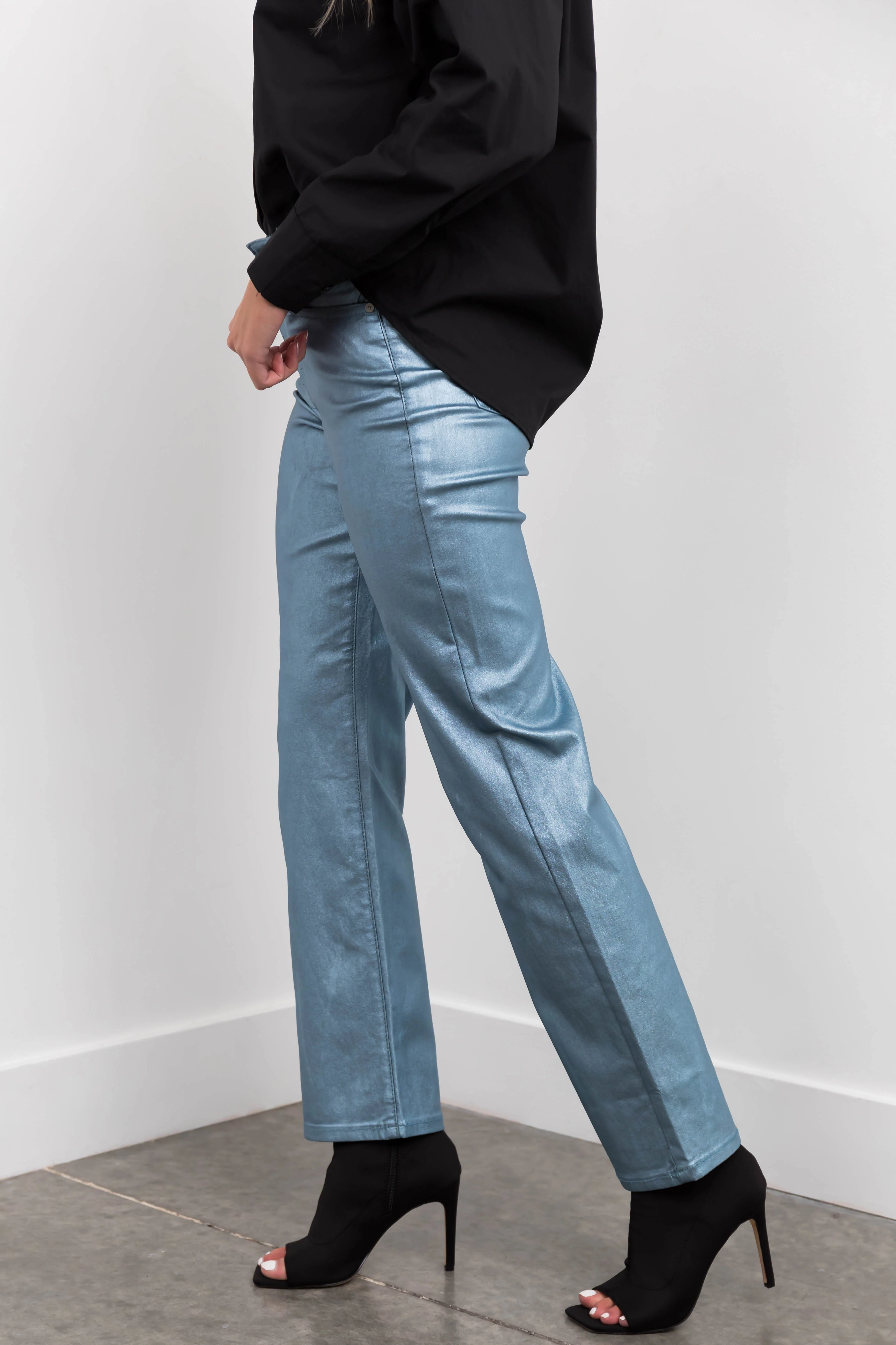 Powder Blue Metallic High Rise Dad Jeans - Image 3