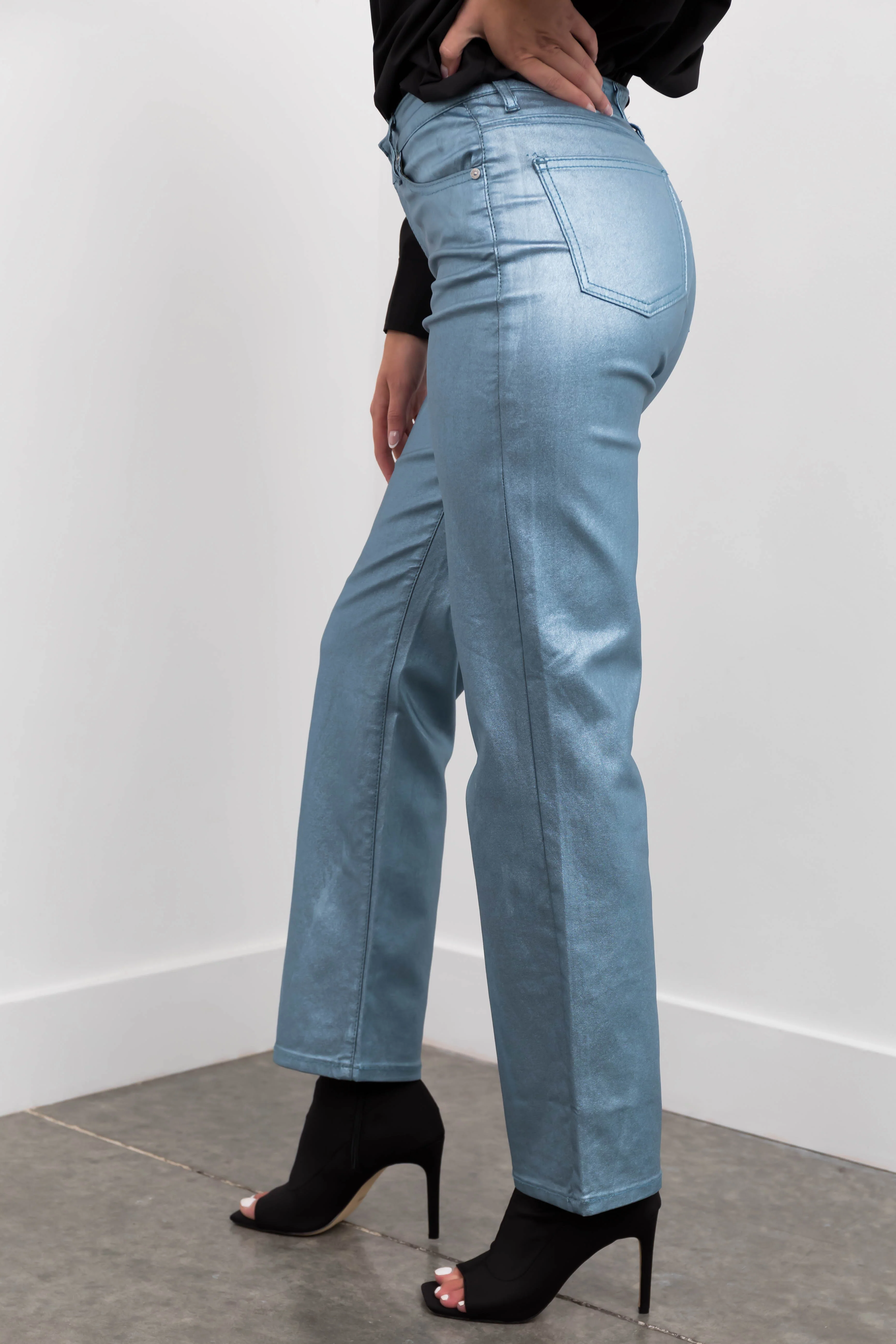 Powder Blue Metallic High Rise Dad Jeans - Image 4