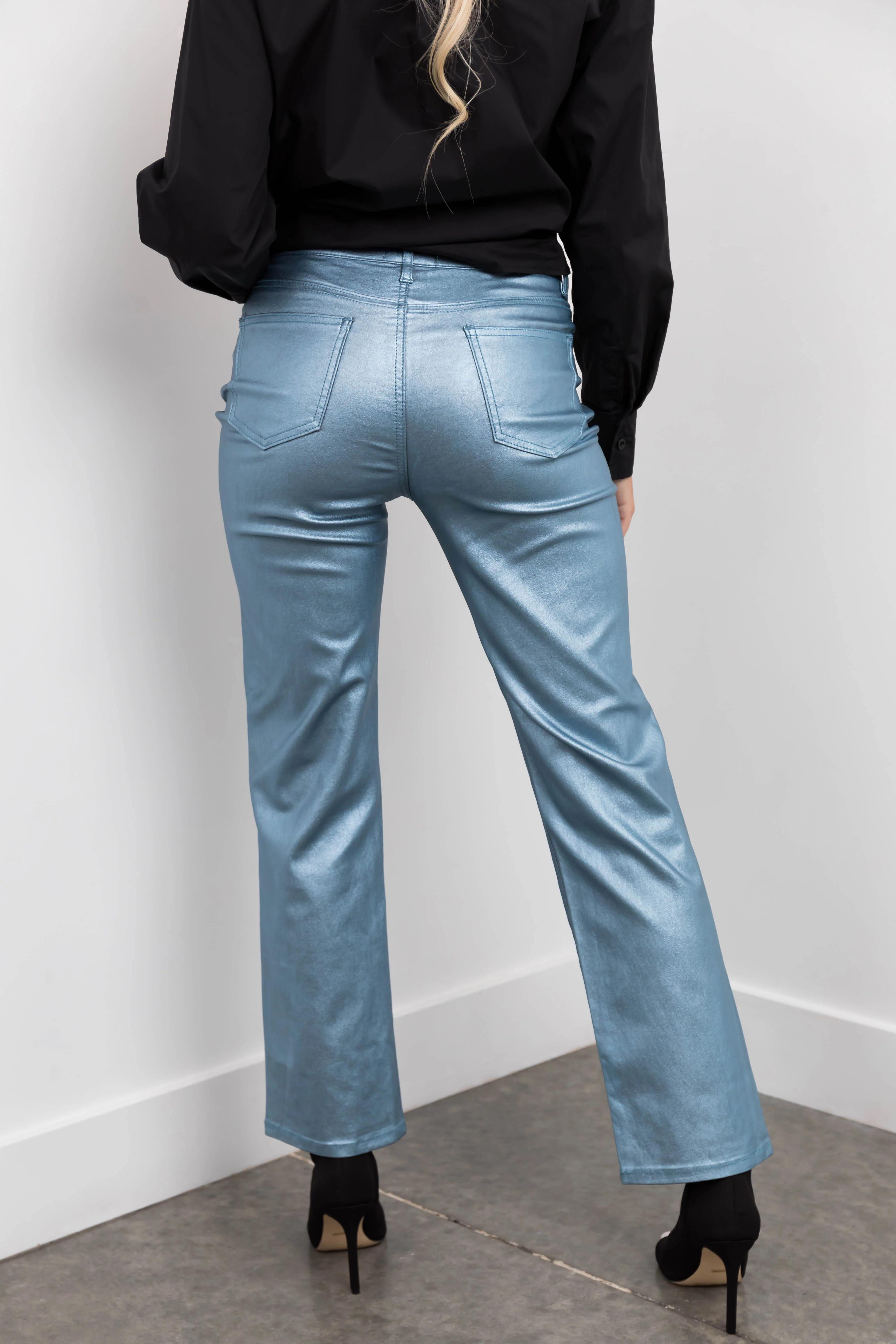 Powder Blue Metallic High Rise Dad Jeans - Image 5