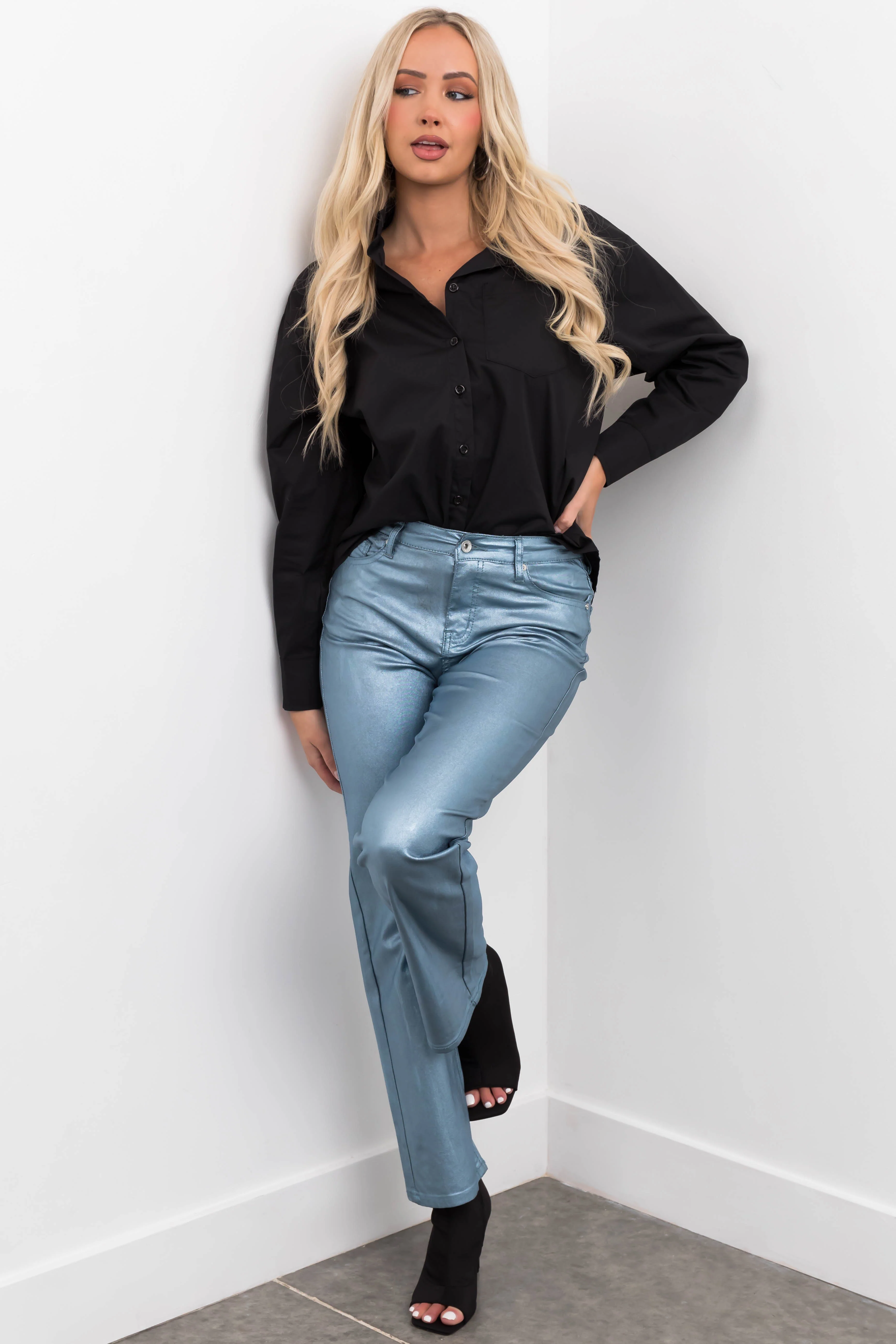 Powder Blue Metallic High Rise Dad Jeans - Image 8