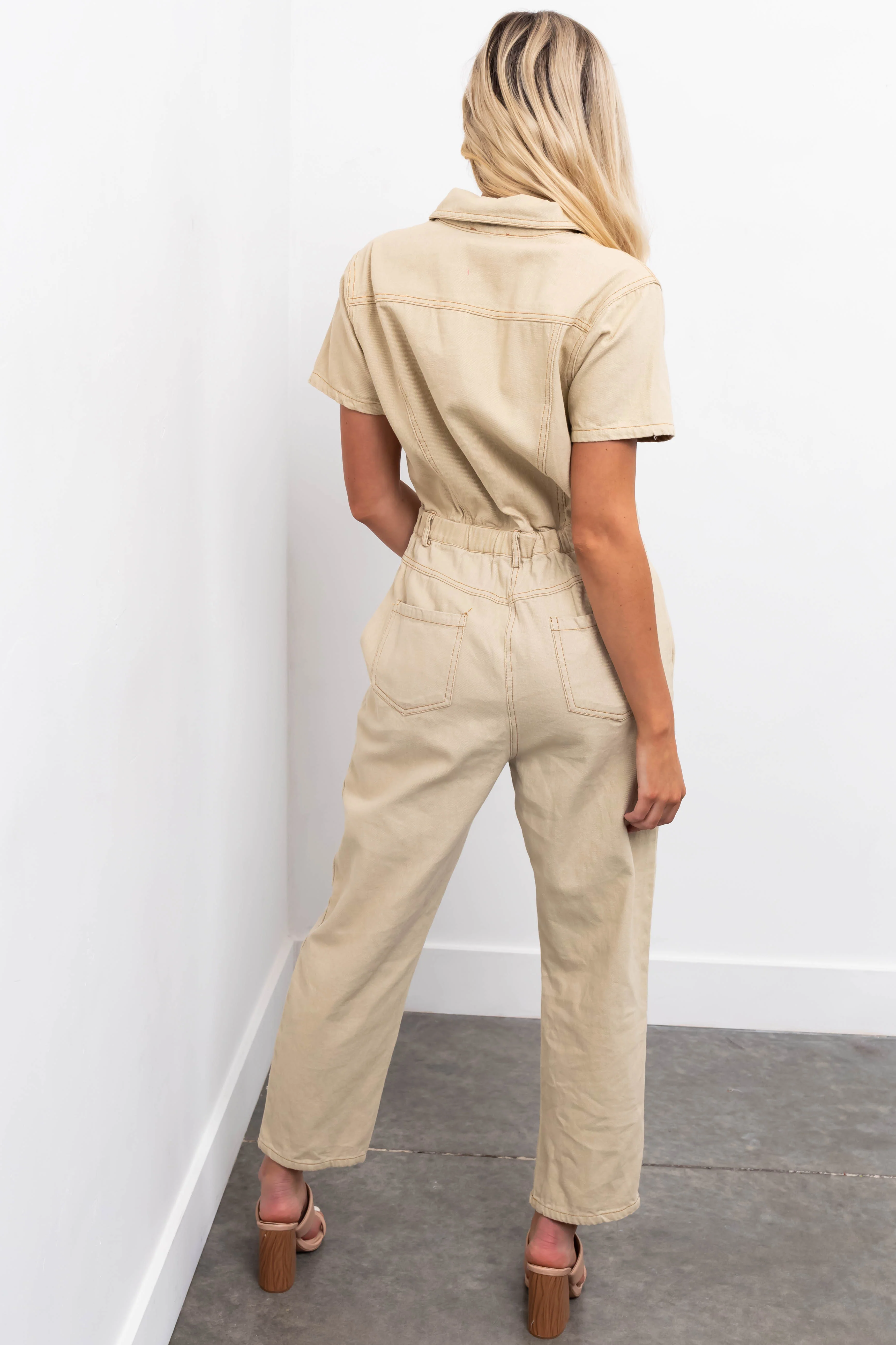 Sand Denim Button Up Short Sleeve Jumpsuit - Image 4