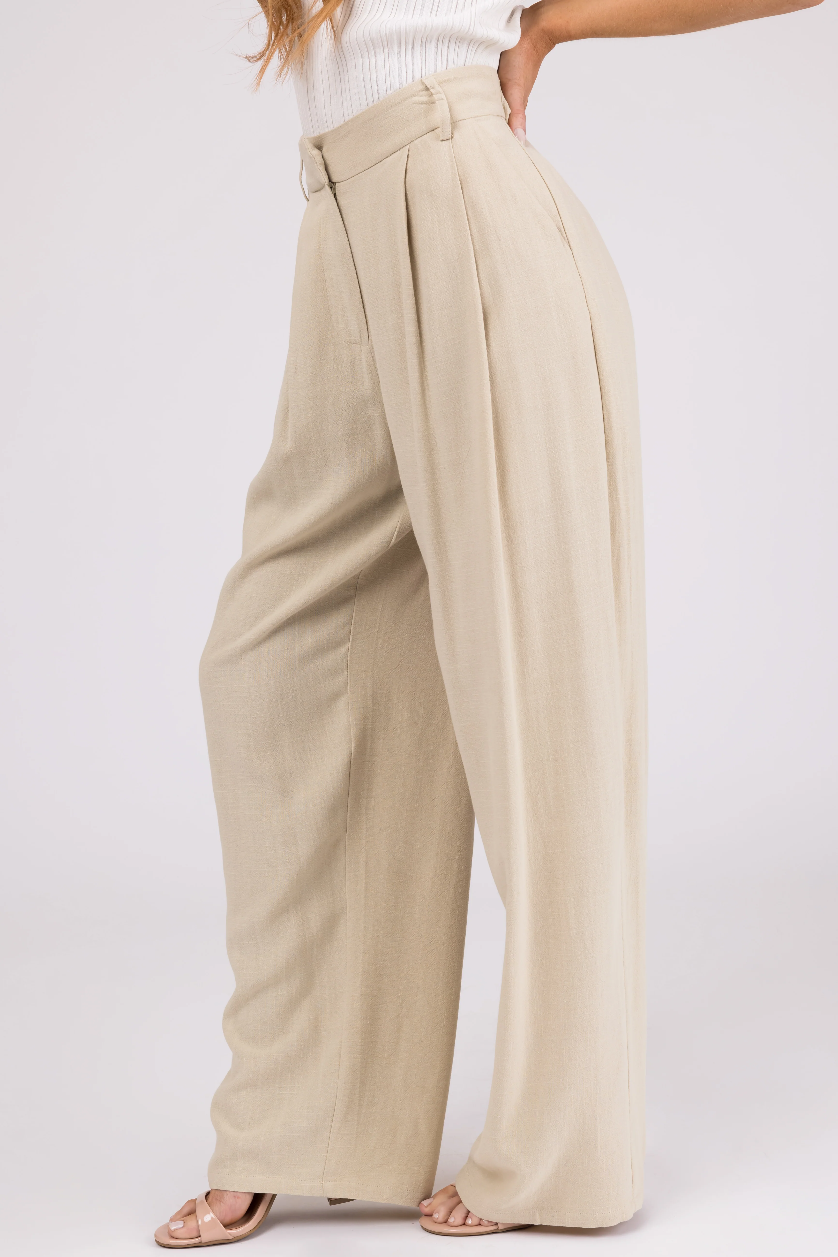 Sand Pleated Wide Leg Linen Blend Pants - Image 3