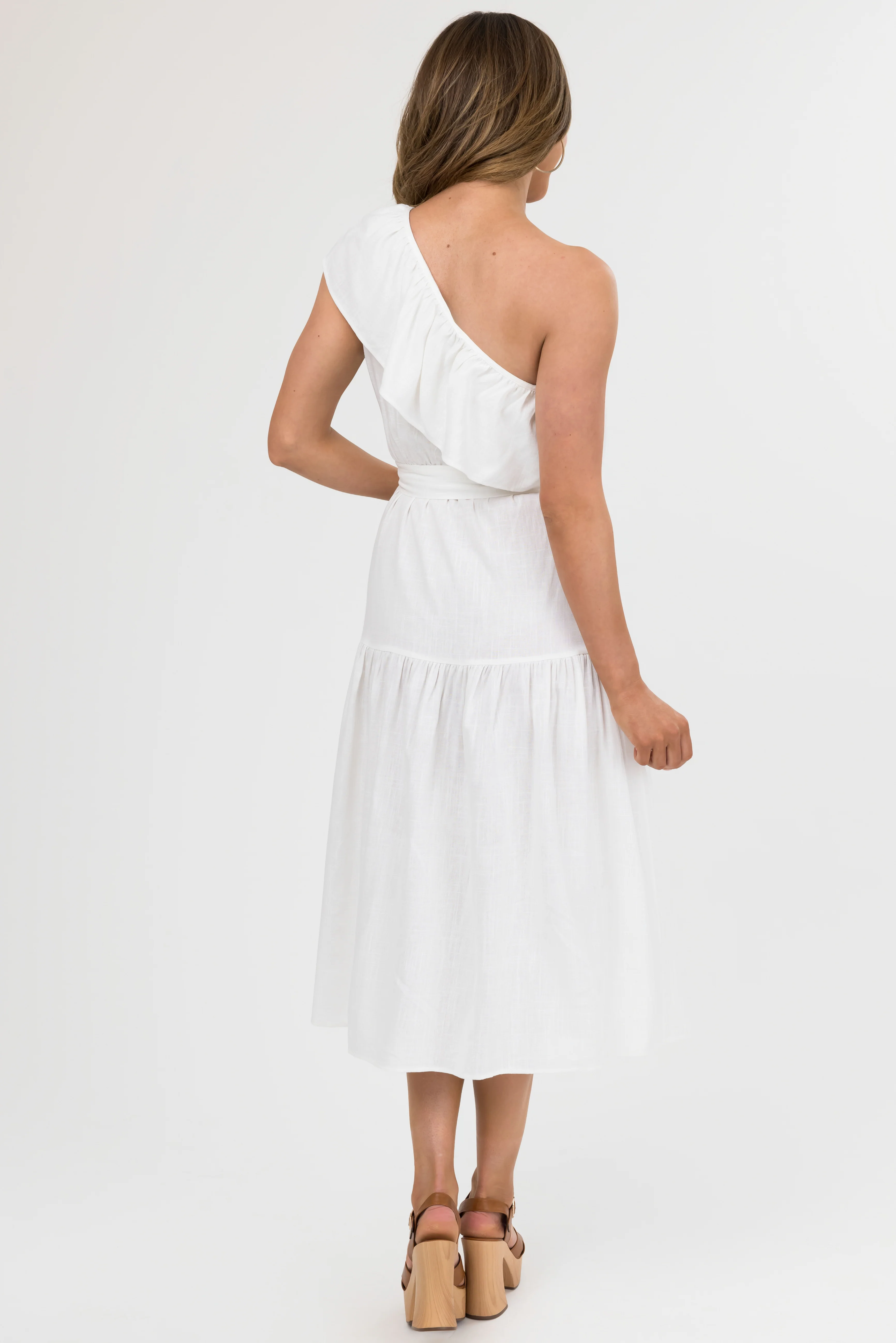 She+Sky Ivory Ruffle One Shoulder Midi Dress - Image 4