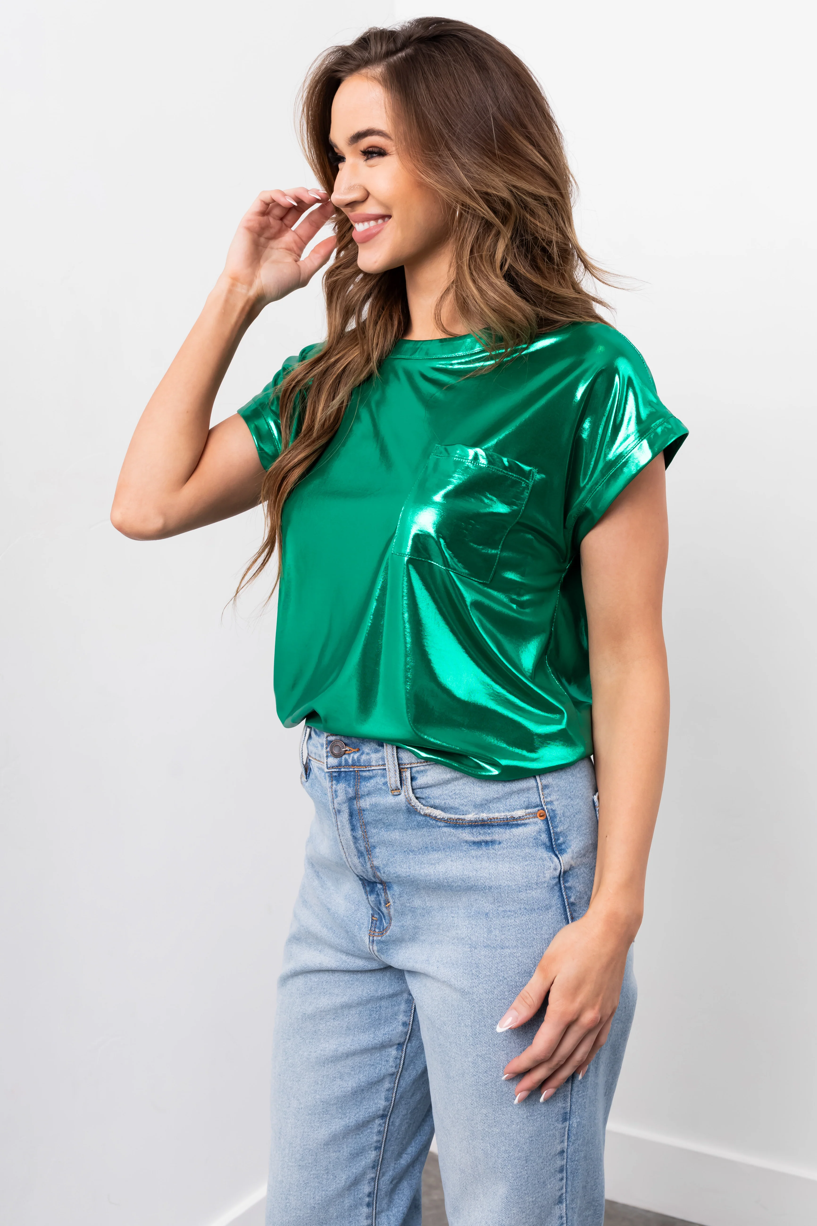 Shiny Shamrock Chest Pocket Cap Sleeve Top - Image 4