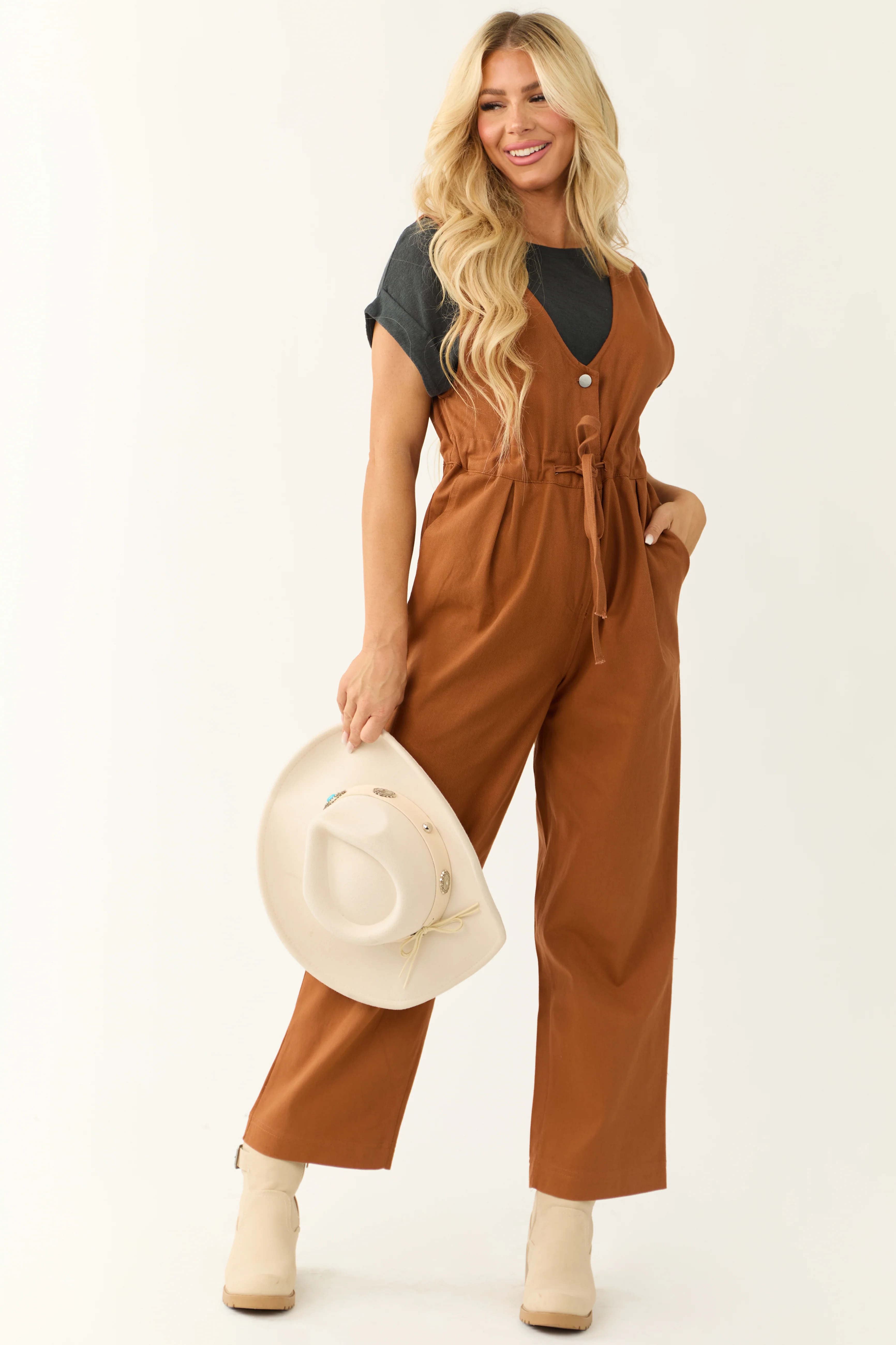 Spice Sleeveless Deep V Neck Denim Jumpsuit - Image 6
