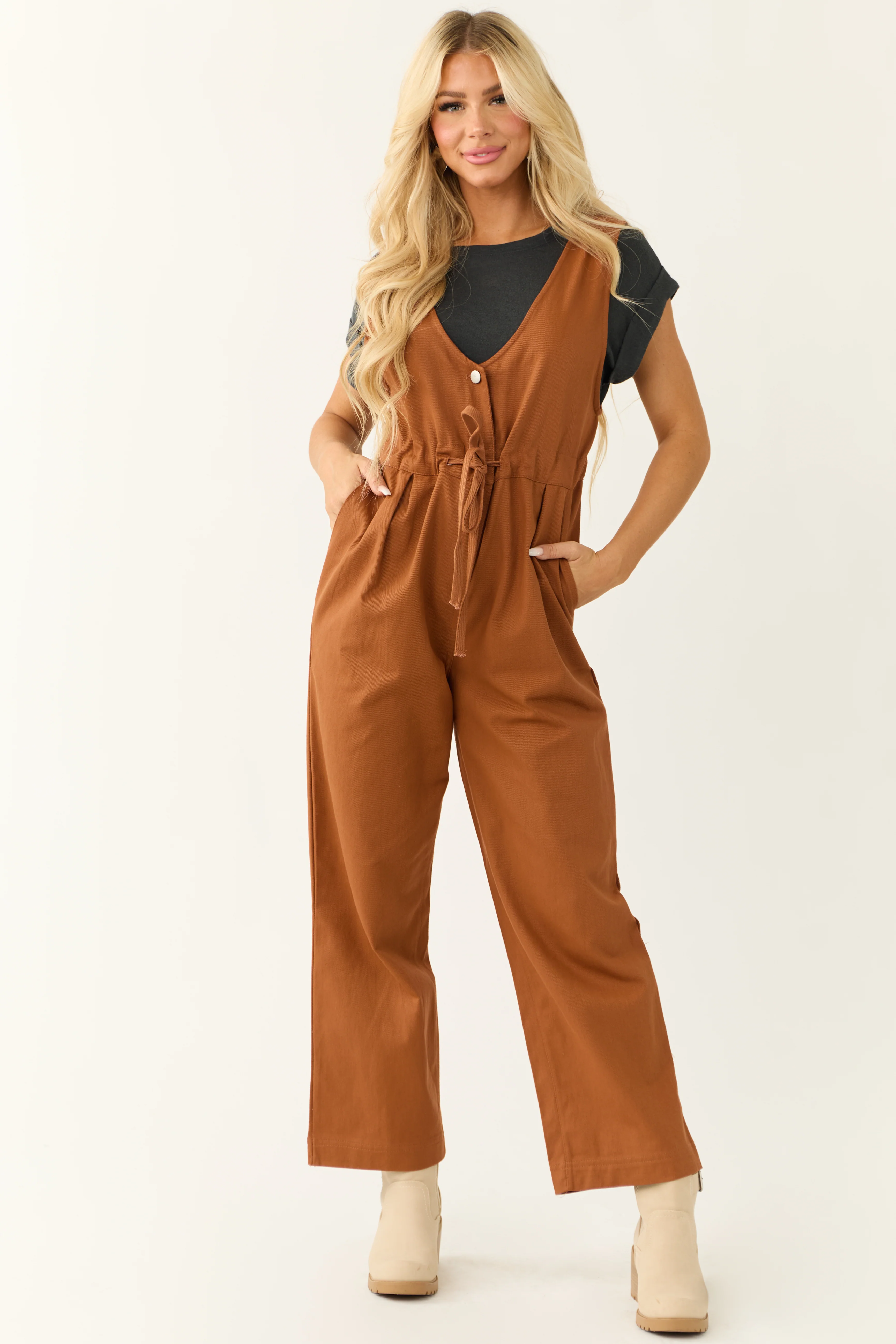 Spice Sleeveless Deep V Neck Denim Jumpsuit - Image 7