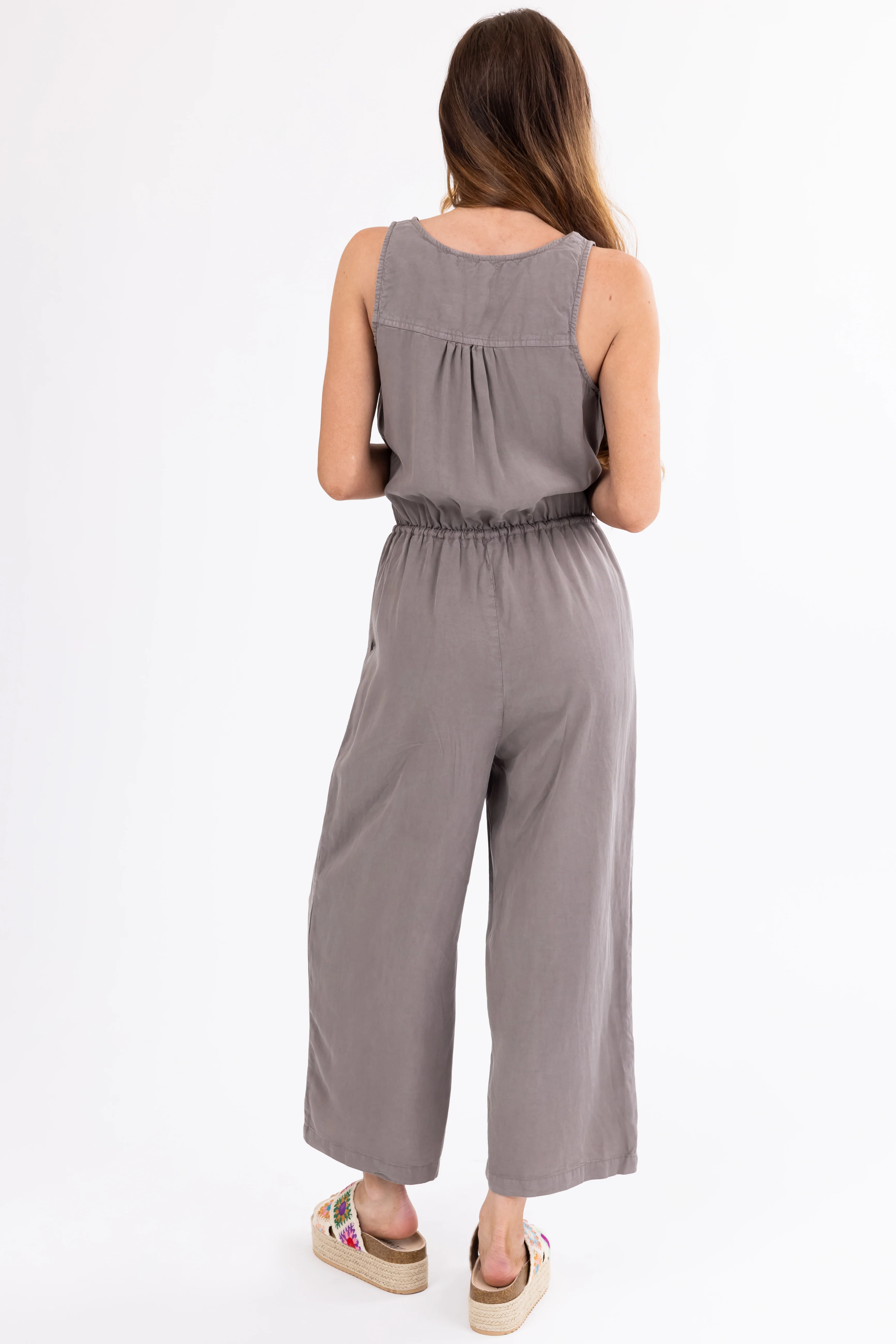 Taupe Sleeveless Elastic Waist Tie Jumpsuit - Image 5