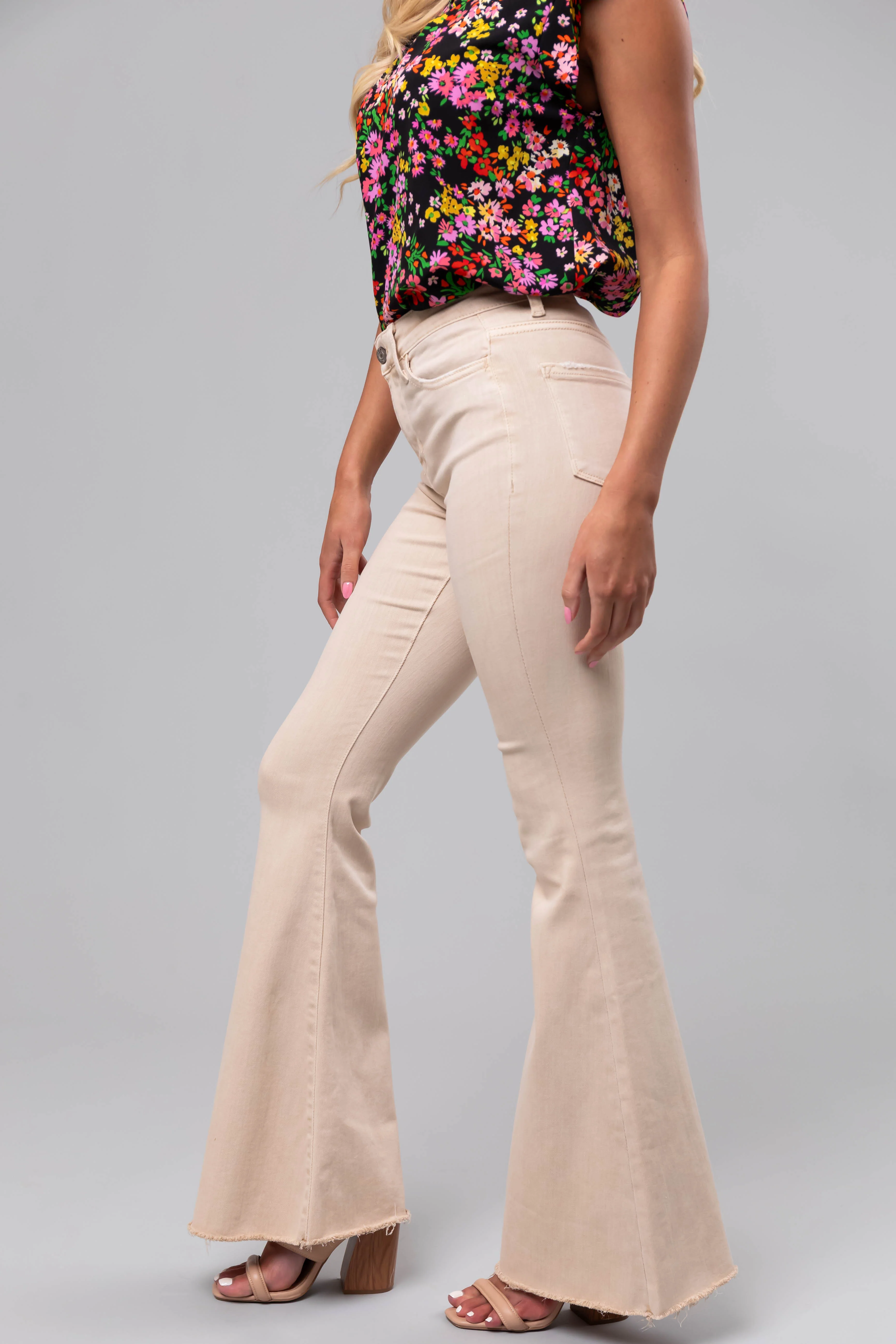 Vervet Sand High Rise Frayed Super Flare Jeans - Image 3
