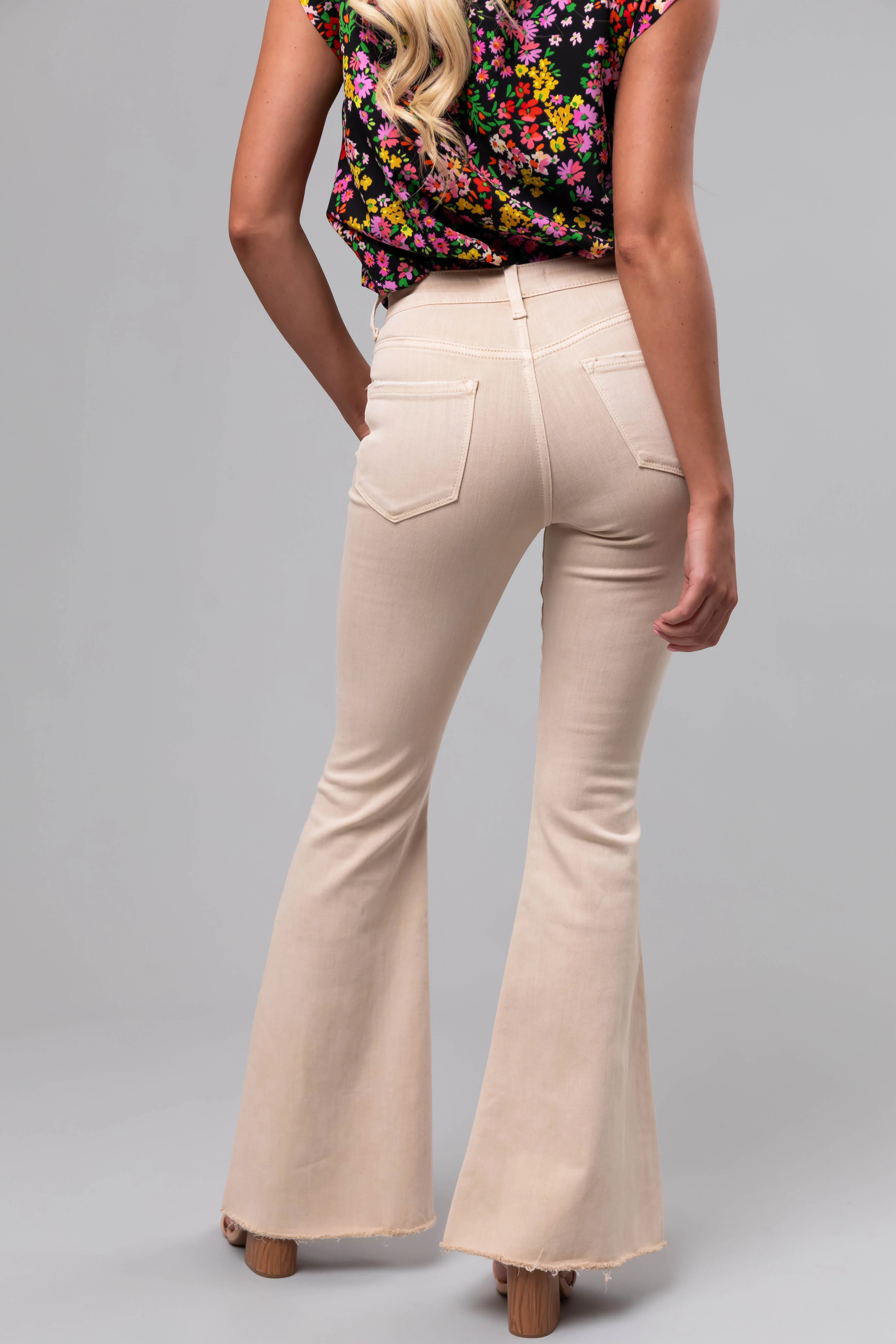Vervet Sand High Rise Frayed Super Flare Jeans - Image 4