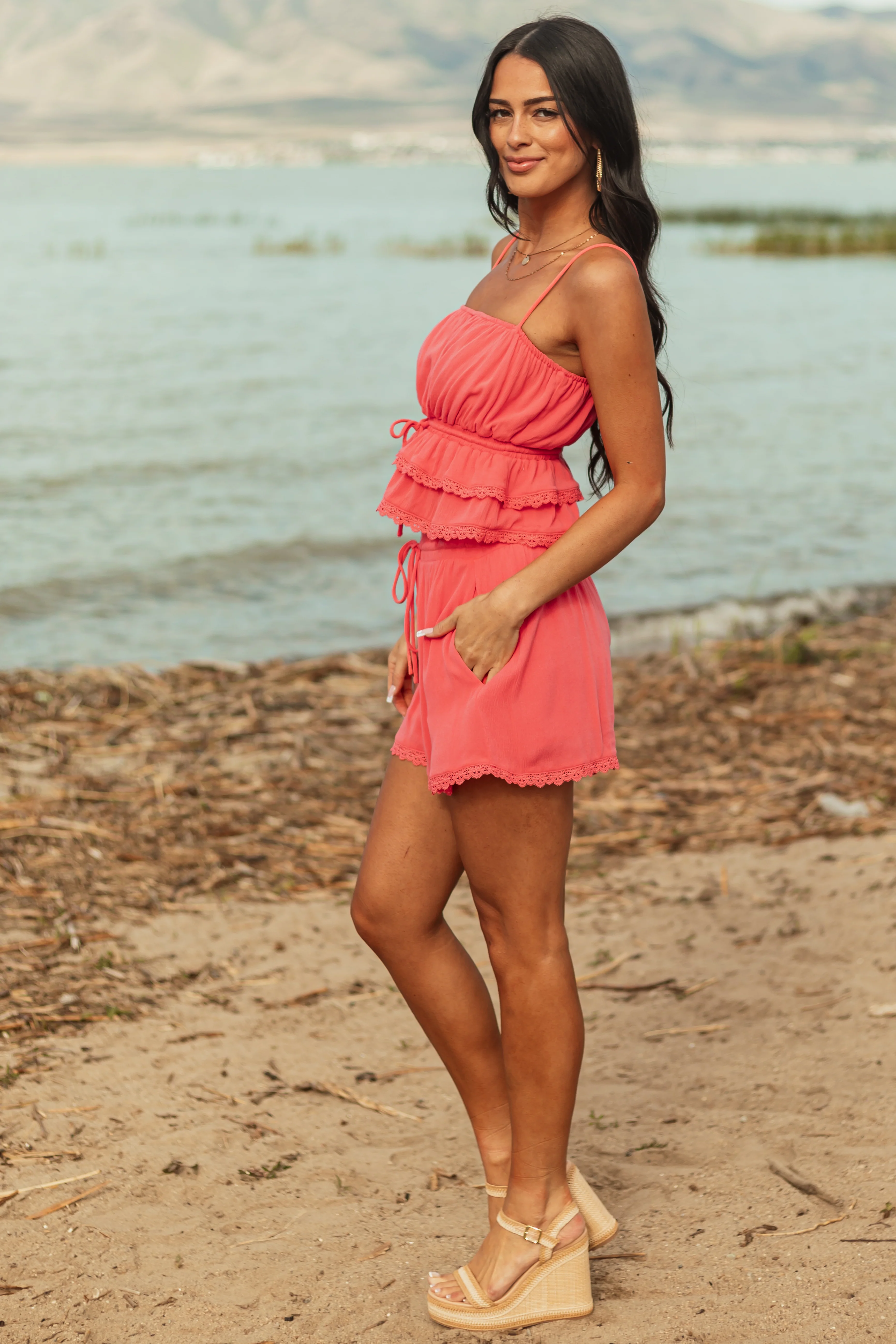 Watermelon Lace Trim Tank Top and Shorts Set - Image 4