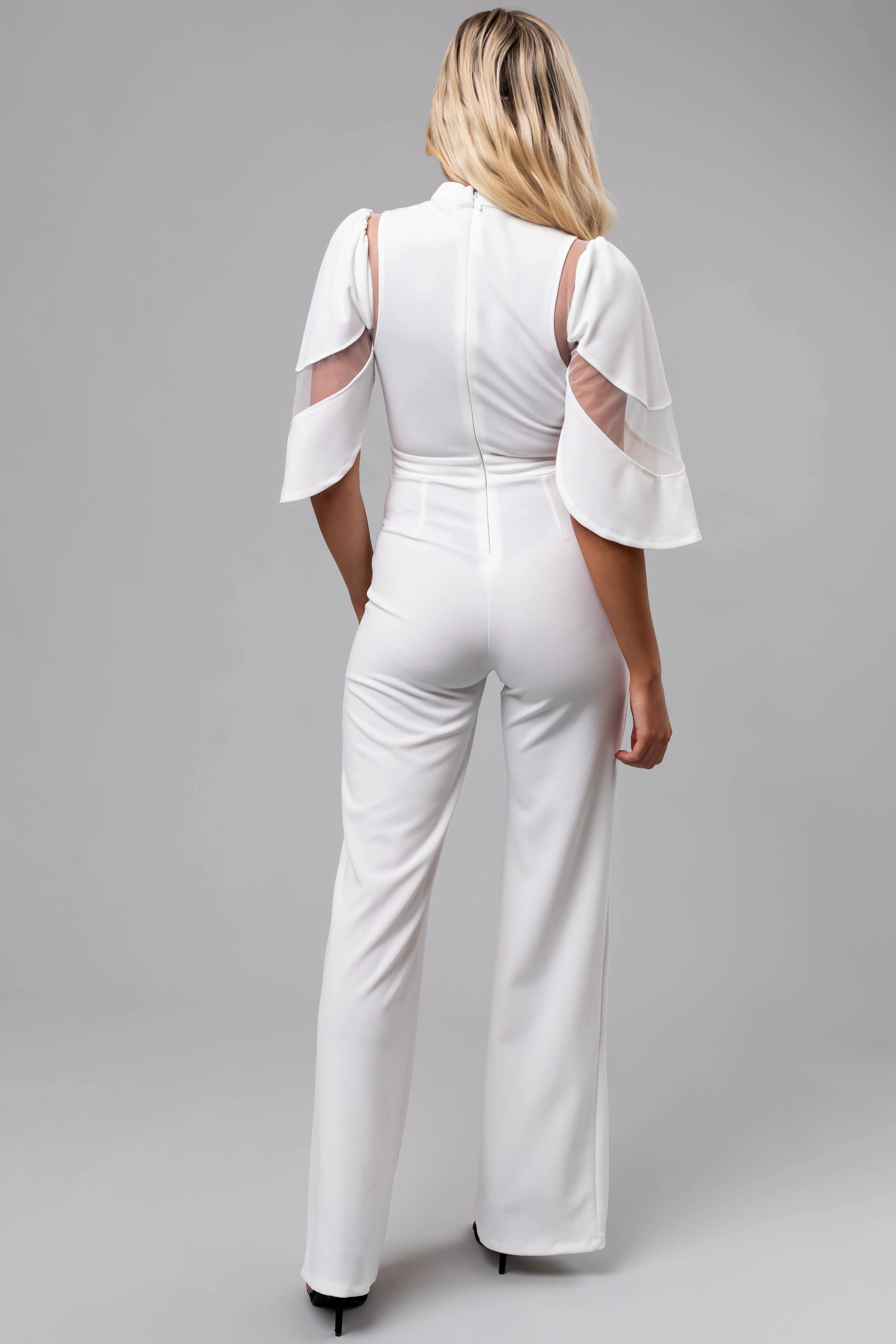 White Half Flutter Sleeve Sheer Detail Jumpsuit - Image 6